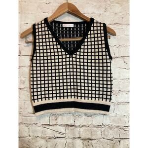 Romwe Top Womens Small Black & Tan Check Knit Cropped Stretch Academia